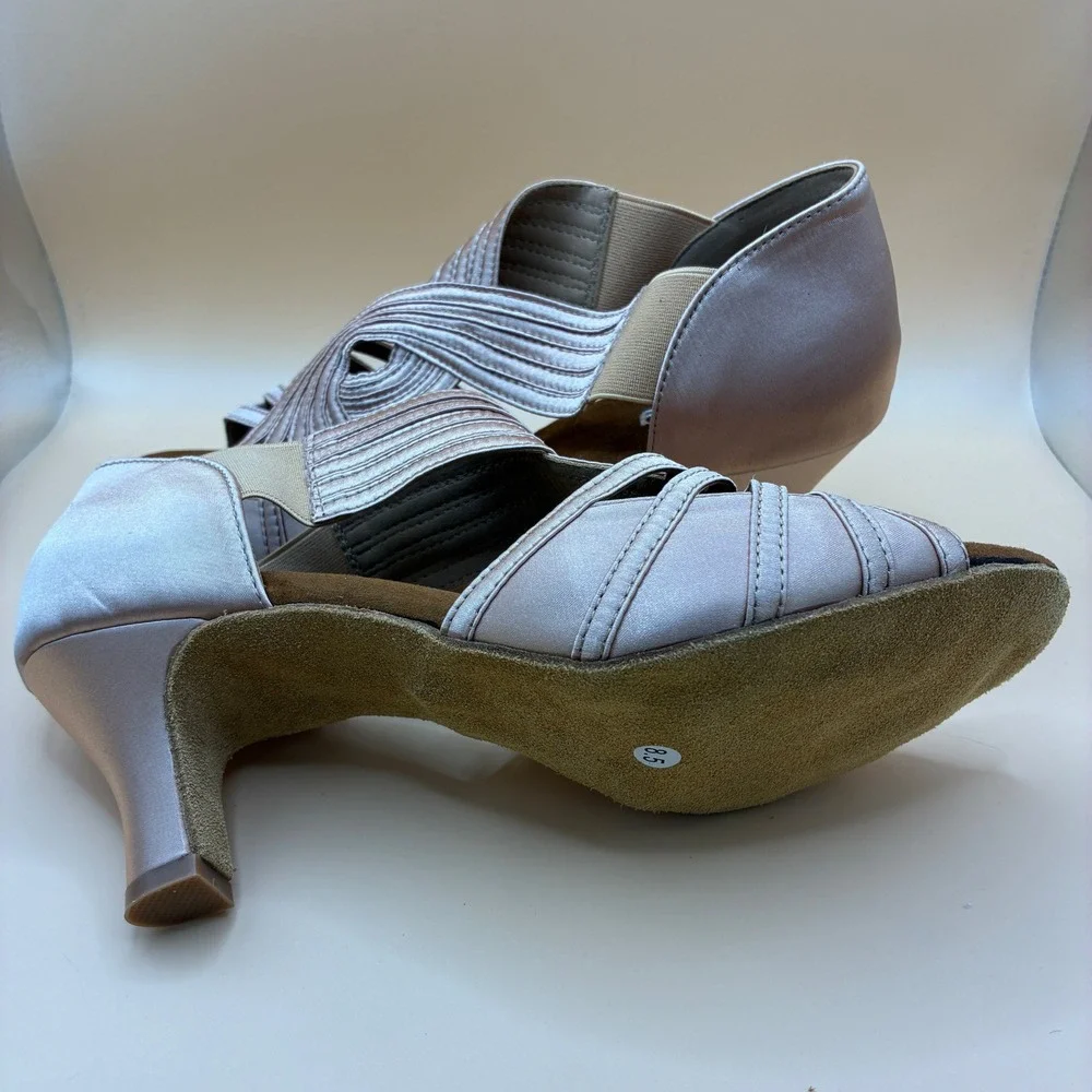 Womens Dance Shoes 8.5 Satin Champagne Gold Ballroom Latin Salsa Heels